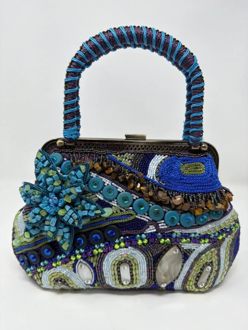 Chico's Beaded Evening Bag Blue Purple Floral Embellished Top Handle Purse - Picture 2 of 16